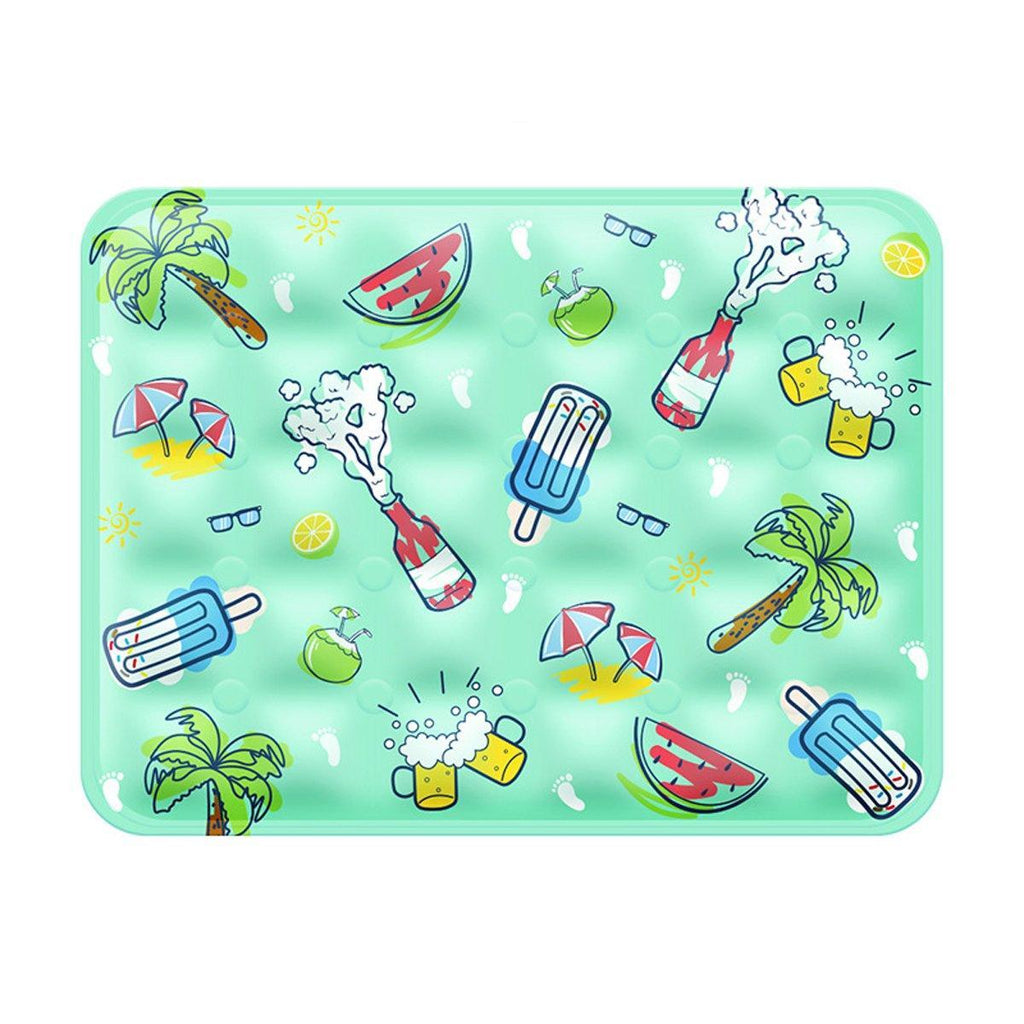 Green cooling mat with snowflakes for dogs outdoors, Frankie's Collection summer pet product.